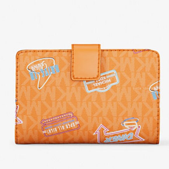 New Michael Kors Jet Set Printed Signature Logo Bi-Fold Medium Wallet Pop Orange - Picture 5 of 5